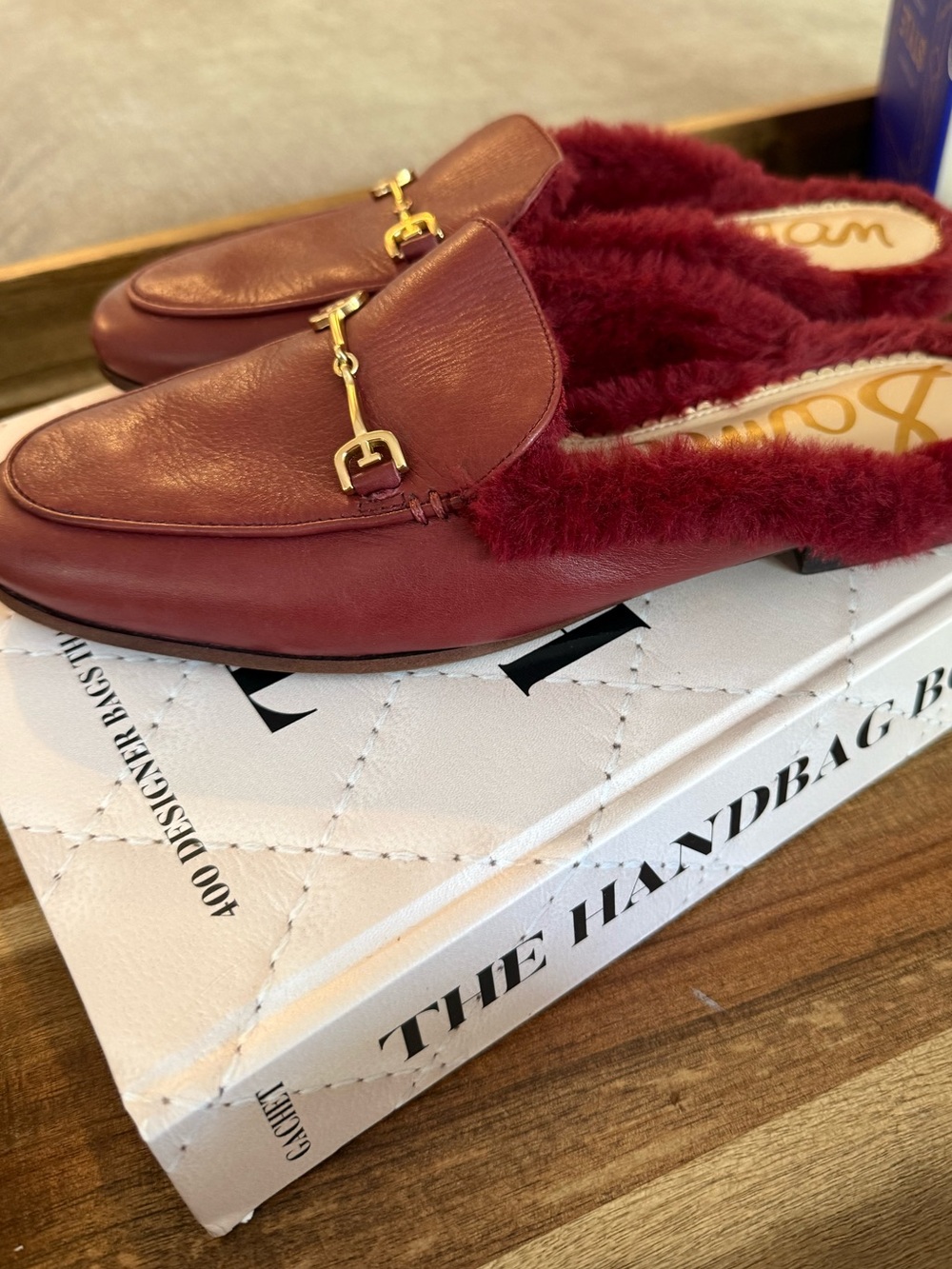 Sam Edelman Burgundy Faux-Fur Trim Slip-On Mules with Gold Hardware